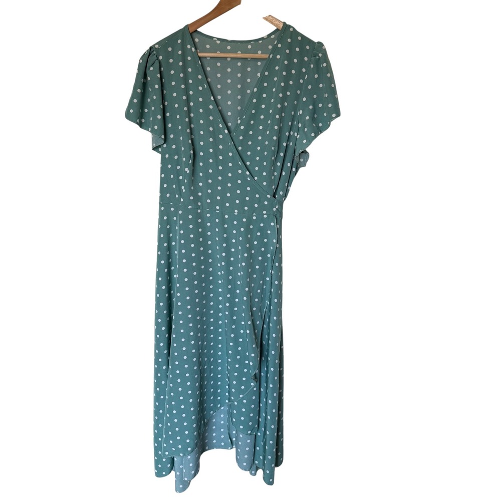 SHEIN Curve Wrap Dress Womens 1XL Sage Green Polka Dot Excellent Flutter Sleeve